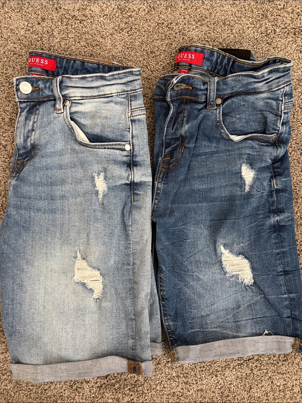 GUESS boys Two-Tone Distressed Denim Shorts - Light Blue & Dark Blue